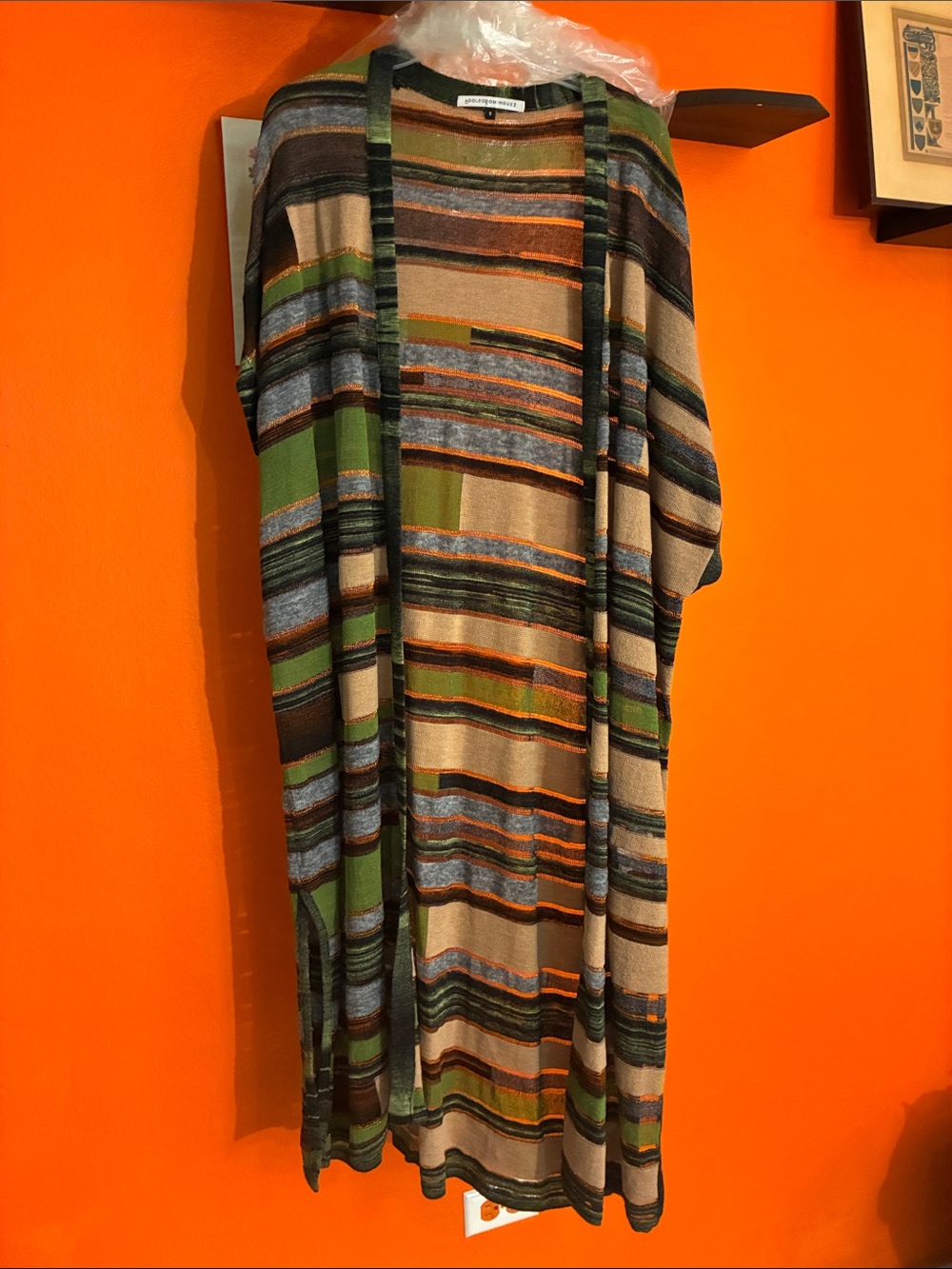Adolfo Dominguez Striped Open-Front Tunic Cardigan in Green, Blue & Tan